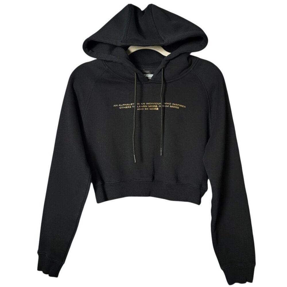 Alphalete Womens Black Legacy Performance Gym Workout Crop Top Hoodie Small